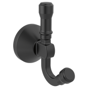 Matte black double robe hook with cylindrical post and two curved hooks extending downward from circular wall plate.