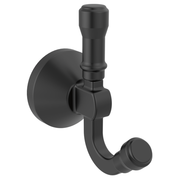 Matte black double robe hook with cylindrical post and two curved hooks extending downward from circular wall plate.