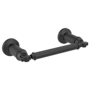 Matte black pivoting tissue holder with cylindrical bar and circular wall-mounted flanges on each end.