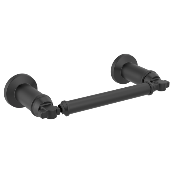 Matte black pivoting tissue holder with cylindrical bar and circular wall-mounted flanges on each end.