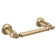 Champagne bronze pivoting tissue holder with cylindrical rod and round mounting flanges on each end.