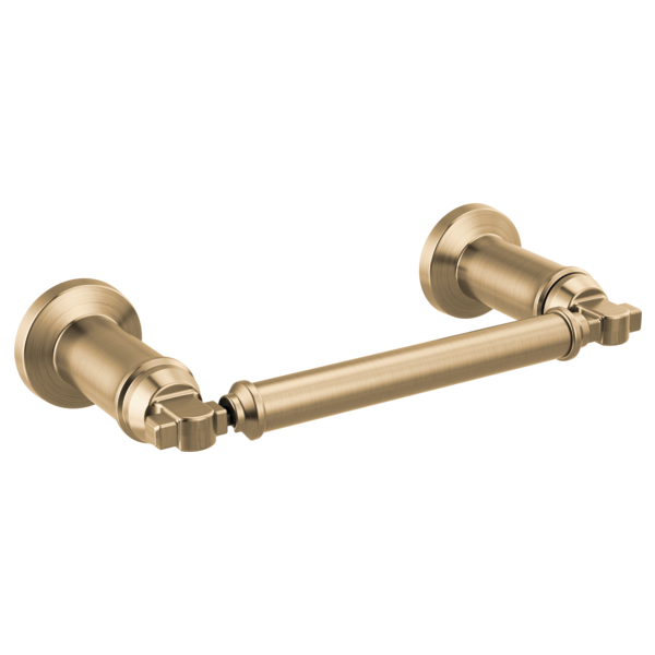 Champagne bronze pivoting tissue holder with cylindrical rod and round mounting flanges on each end.