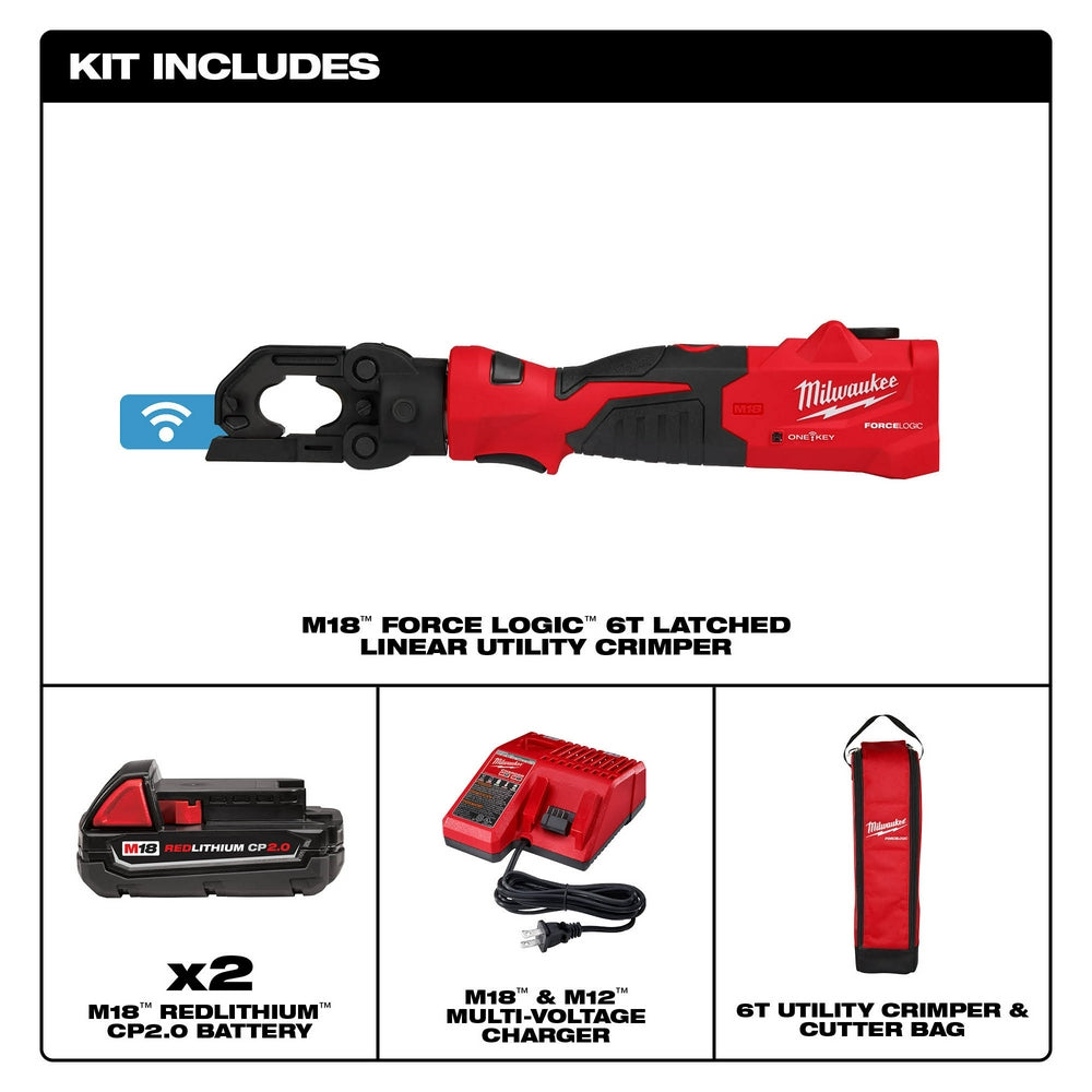 Milwaukee M18 FORCE LOGIC 6T latched linear utility crimper with two batteries, charger, and carrying bag.