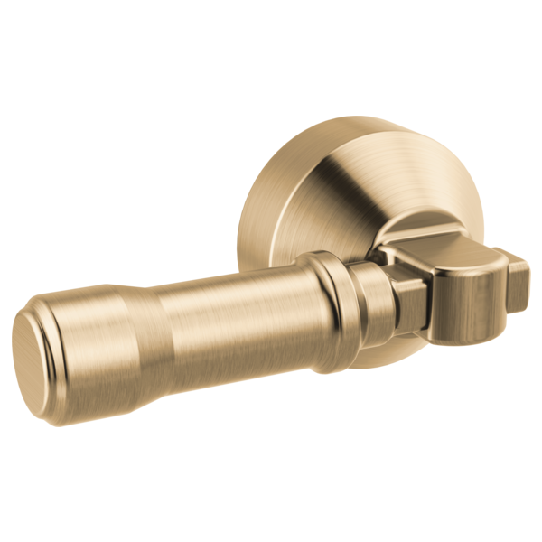 Champagne bronze tank lever with cylindrical handle and rectangular lever arm mounted on circular backplate.