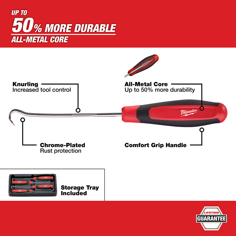 Four hook and pick tools with red and black comfort grip handles, chrome-plated steel, shown with storage tray.