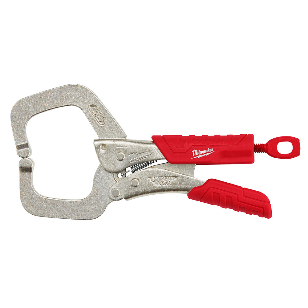 Milwaukee 6-inch locking clamp with metal C-frame, red grip handles, and regular jaws for clamping.