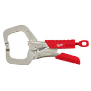 Milwaukee 6-inch locking clamp with metal C-frame, red grip handles, and regular jaws for clamping.