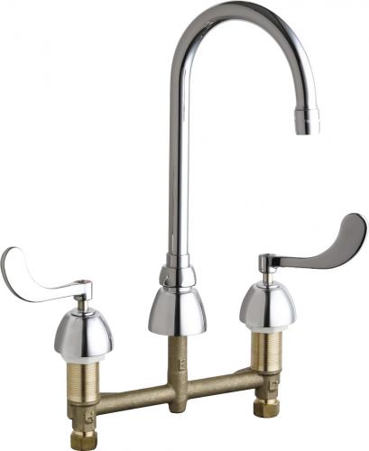 Chrome and brass two-handle gooseneck faucet with lever handles and deck-mounted base.
