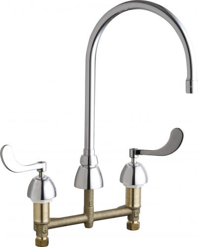 Polished chrome deck-mounted faucet with high curved spout and two lever handles on brass base.