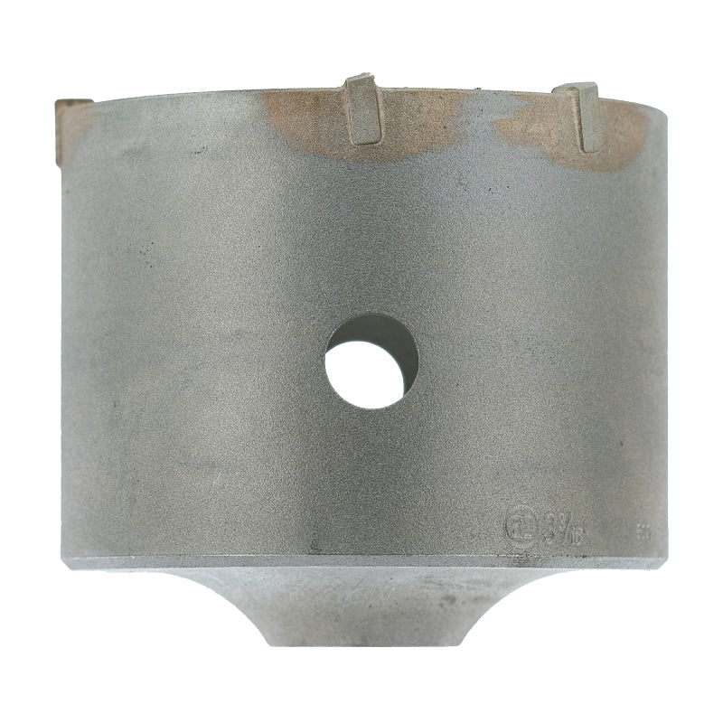Carbide-tipped SDS-Plus core bit with cylindrical metal body and central hole opening.