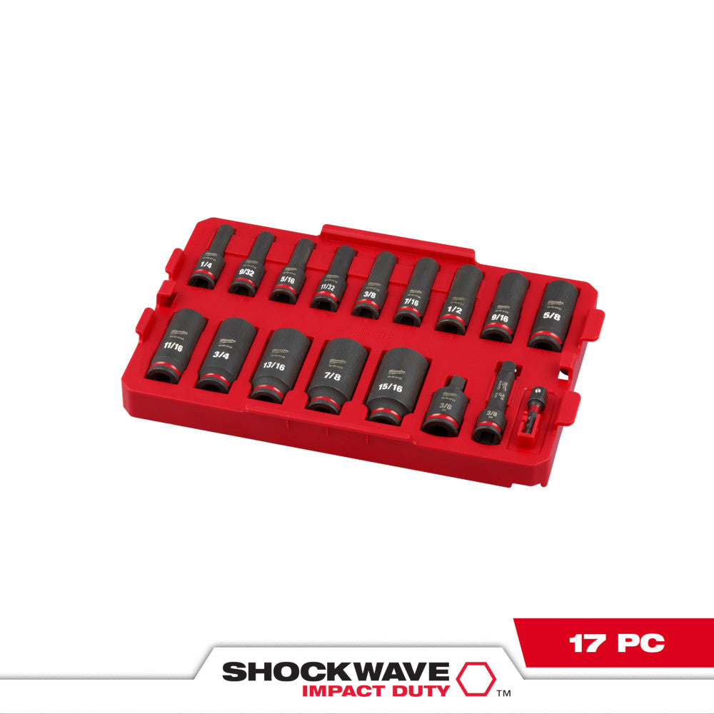 Seventeen black impact sockets with SAE markings arranged in red plastic tray organizer.