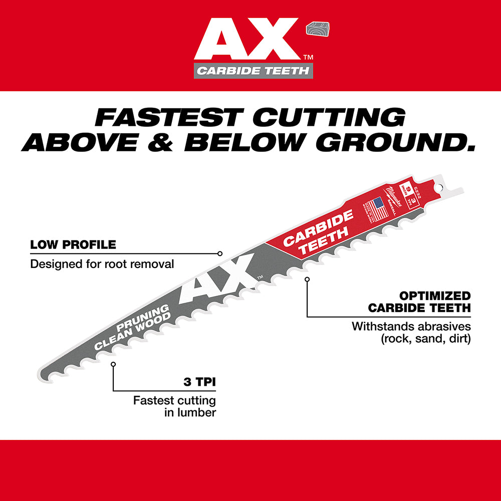 Milwaukee AX 12" SAWZALL blade with carbide teeth and low-profile design for pruning and clean wood cutting.