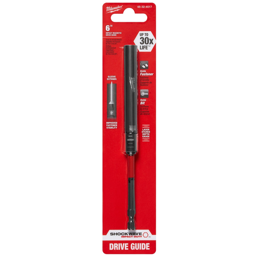 Black Milwaukee Shockwave 6-inch impact magnetic drive guide with hex shaft and indexed tip on red packaging.