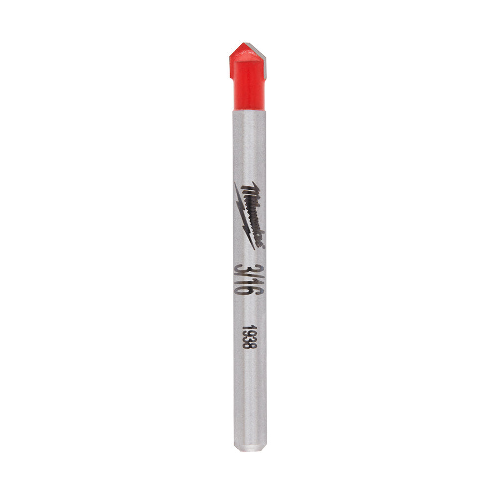 Milwaukee carbide drill bit with red cutting tip and gray shaft marked with product specifications.