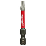 Milwaukee Shockwave T25 impact power bit with red sleeve and black hexagonal end, 2 inches long.