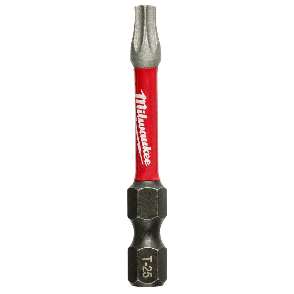 Milwaukee Shockwave T25 impact power bit with red sleeve and black hexagonal end, 2 inches long.