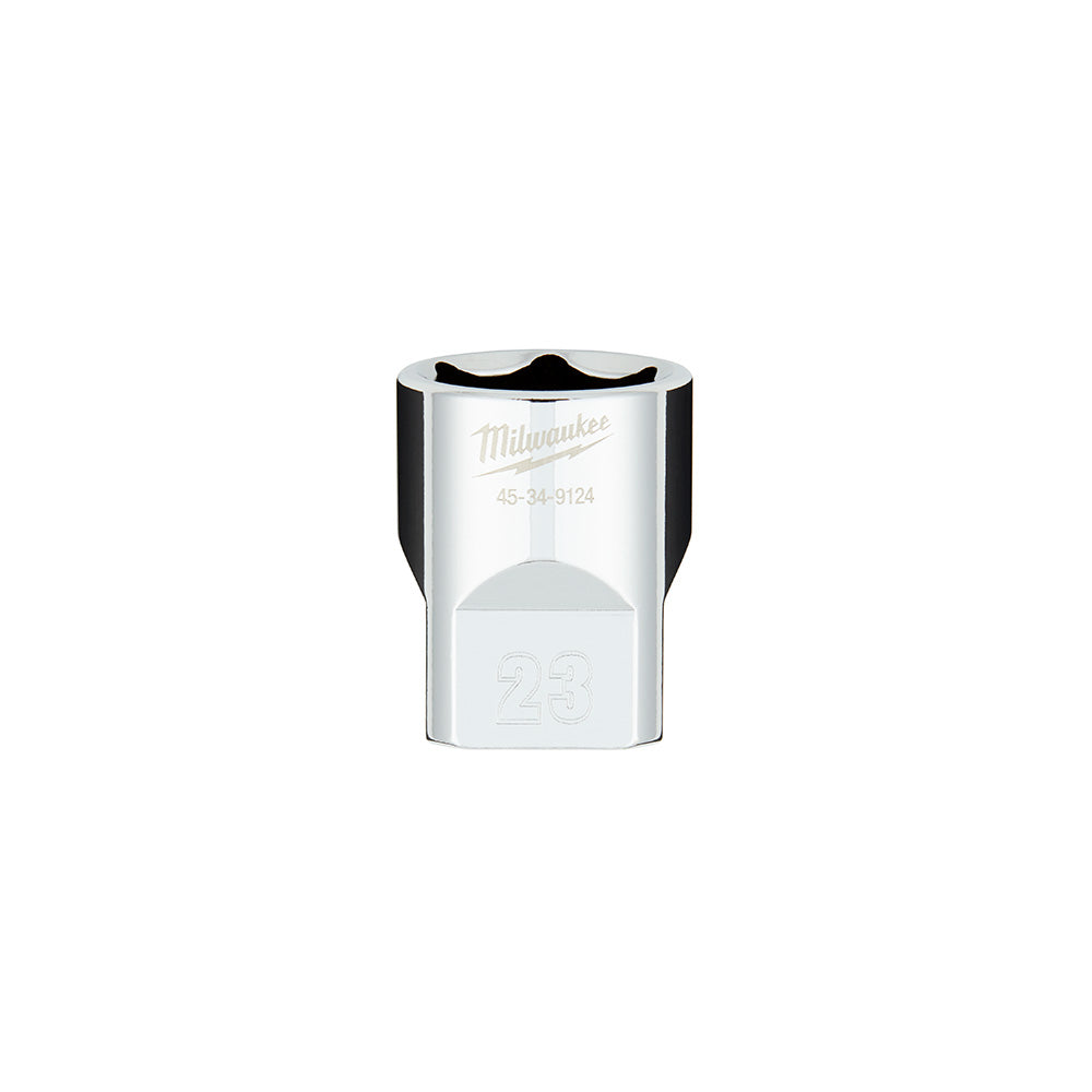 Milwaukee 23MM 6-point socket with 1/2 inch drive and four flat sides, silver and black metal construction.