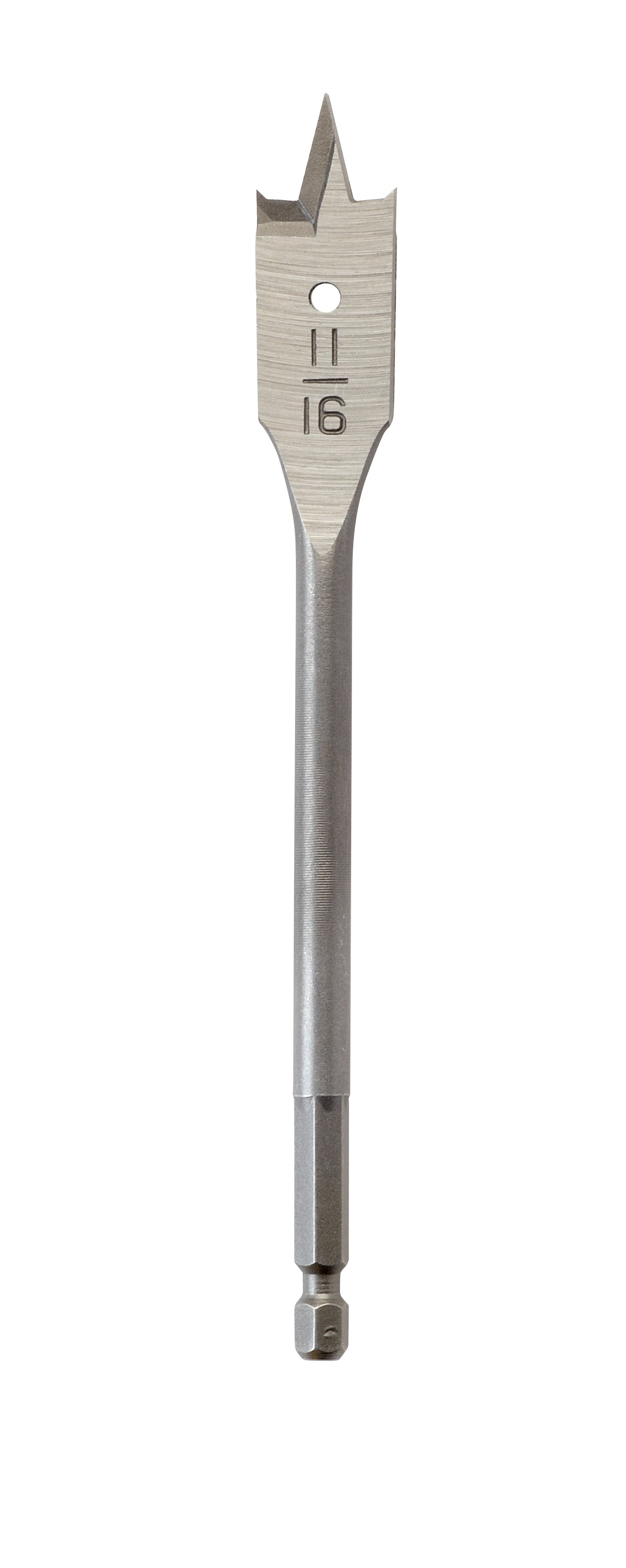 Metal flat boring bit with pointed cutting head, center hole, and hexagonal shank marked "16".