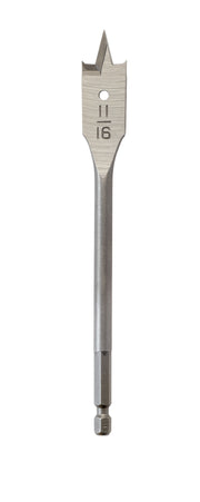 Metal flat boring bit with pointed cutting head, center hole, and hexagonal shank marked "16".