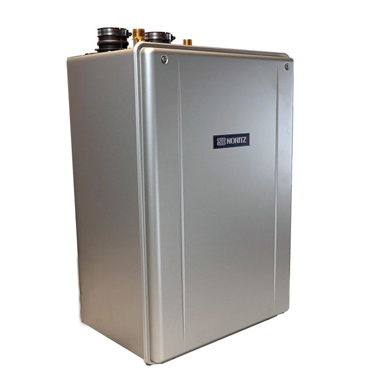 Noritz stainless steel tankless water heater with brass fittings and control knobs mounted on top.