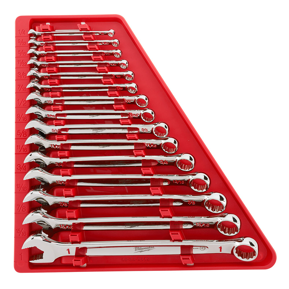 Fifteen chrome combination wrenches in various SAE sizes arranged in red storage tray.