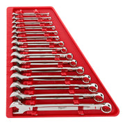 Fifteen chrome combination wrenches in various SAE sizes arranged in red storage tray.