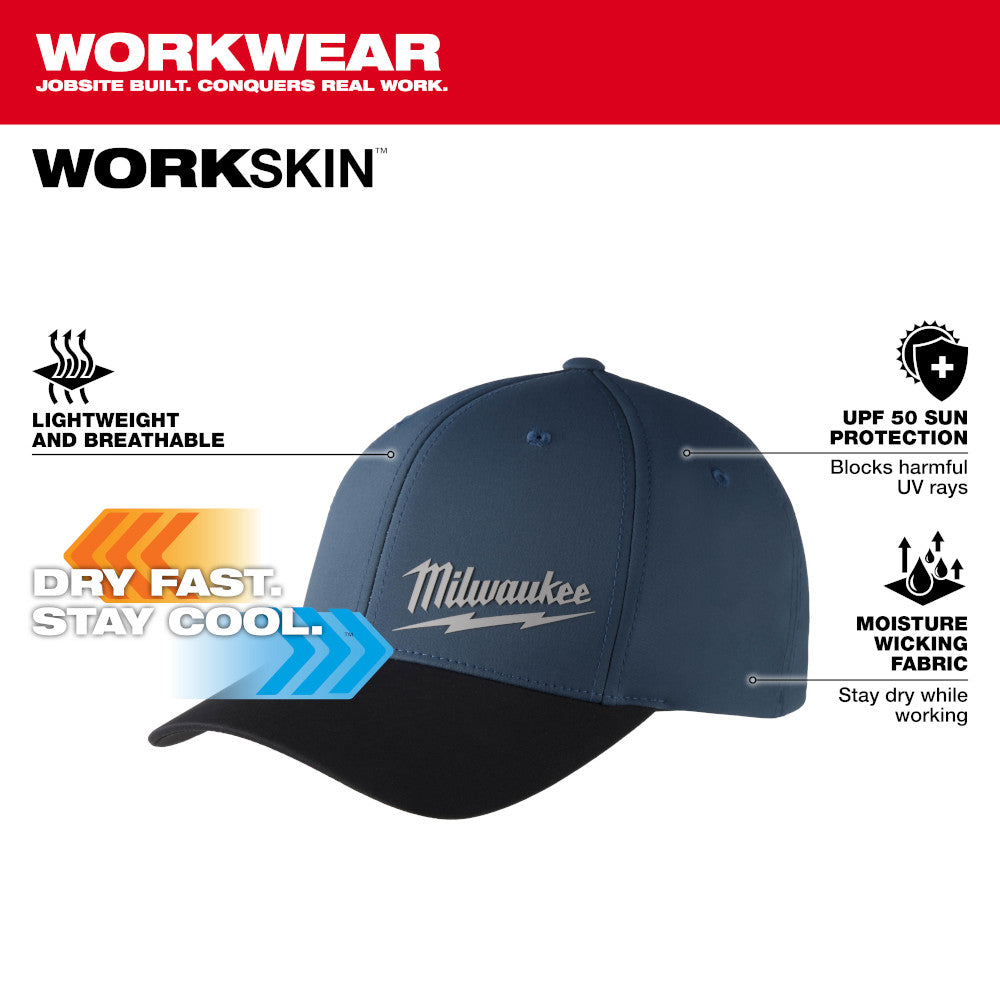 Navy blue and black fitted baseball cap with Milwaukee script logo and curved bill.