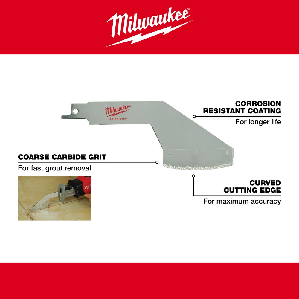 Milwaukee grout removal tool with gray coated metal blade and coarse carbide grit cutting surface.