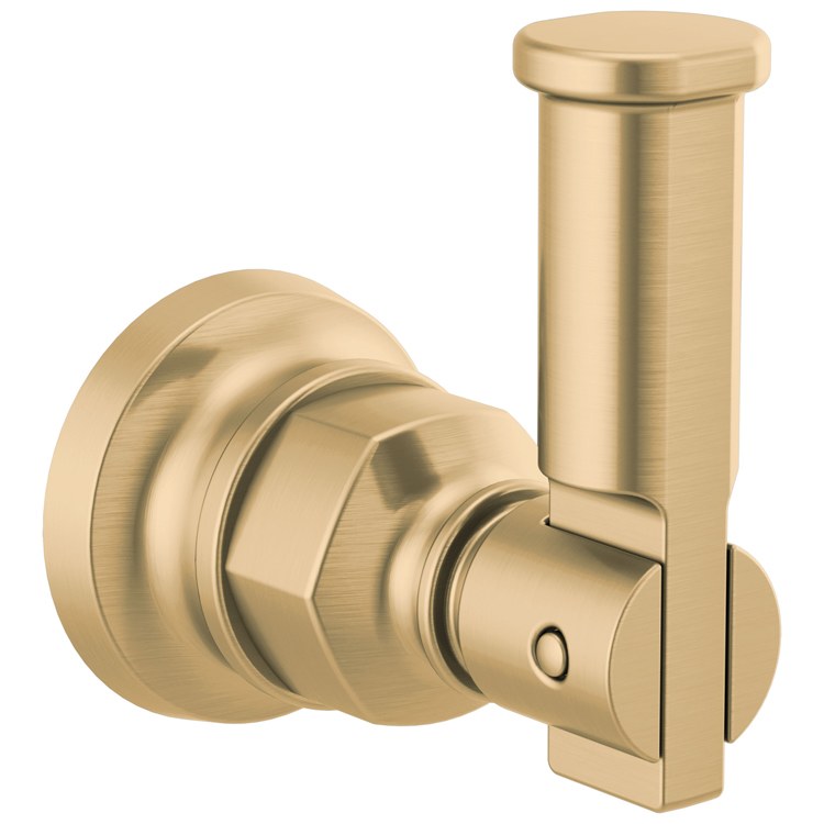 Brushed gold robe hook with cylindrical vertical arm and rounded wall mount base.
