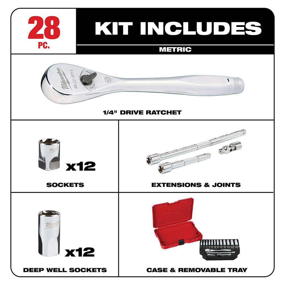 Milwaukee 1/4 inch drive 28-piece metric ratchet and socket set with ratchet, sockets, extensions, joints, and red carrying c