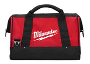 Milwaukee contractor bag with red and black exterior, black handles, and side pockets.