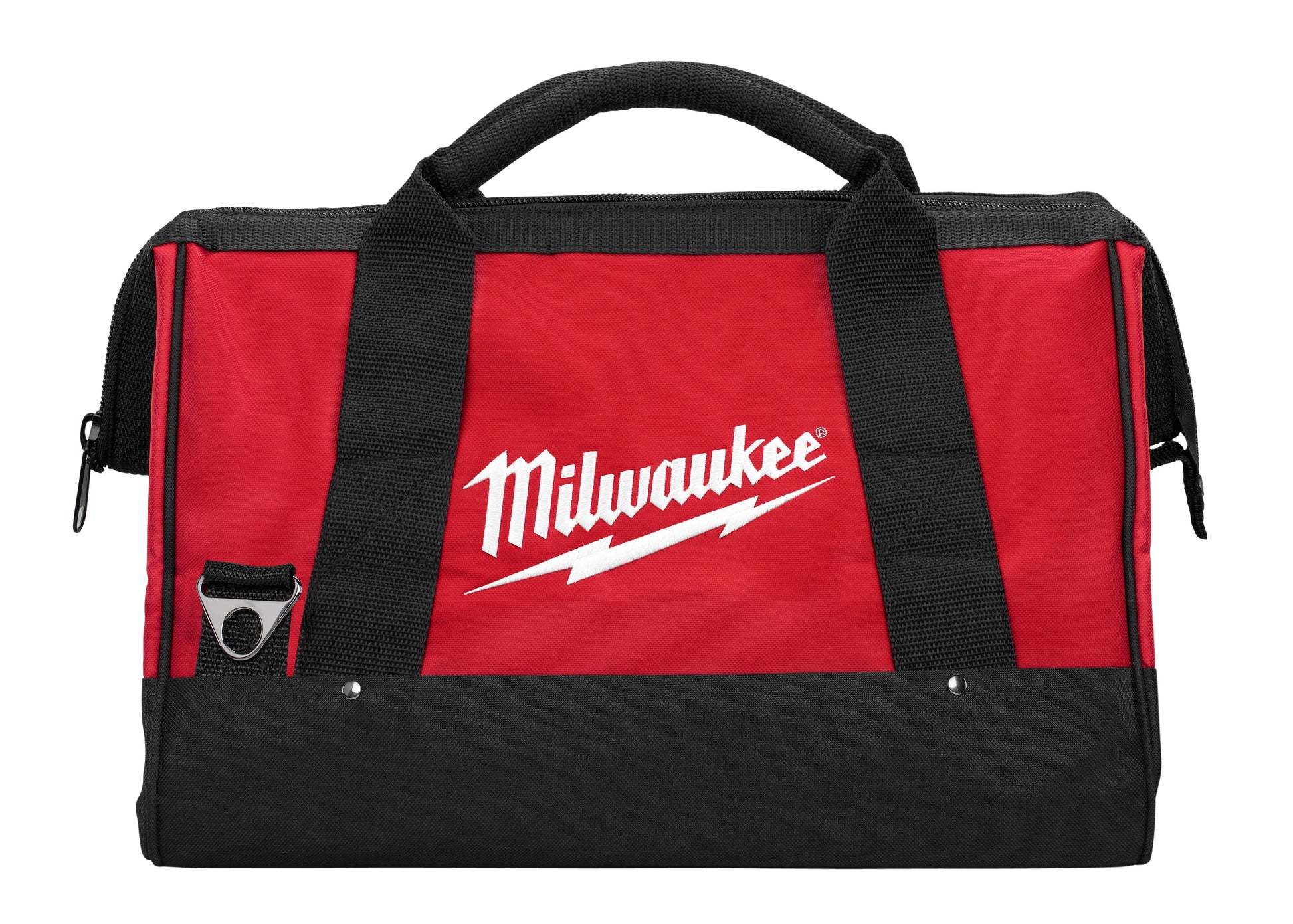 Milwaukee contractor bag with red and black exterior, black handles, and side pockets.