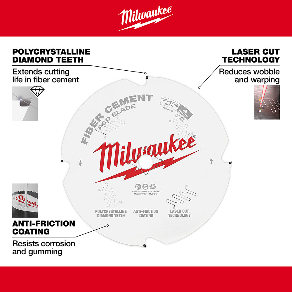 Milwaukee 7-1/4 inch circular saw blade with polycrystalline diamond teeth and laser-cut design for fiber cement cutting.