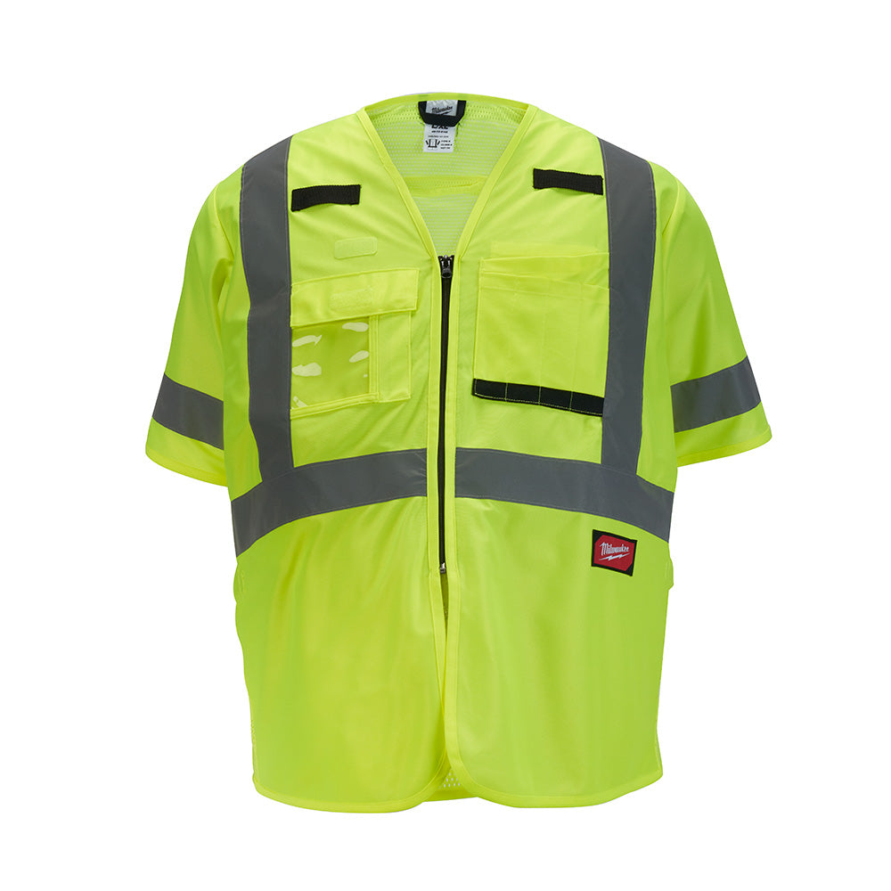 Neon yellow safety vest with gray reflective stripes, multiple pockets, and short sleeves.