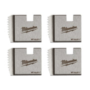 Four metal dies with serrated cutting edges marked "Milwaukee" and "NPT ALLOY 1" for pipe threading.