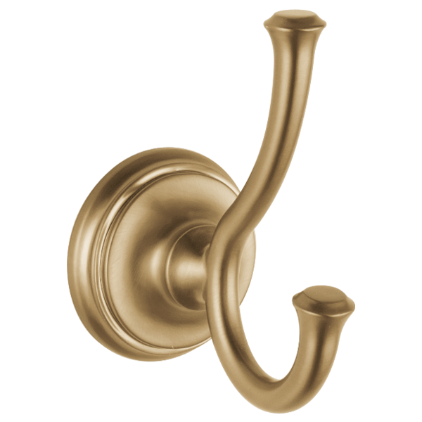 Champagne bronze double robe hook with curved hooks extending from a circular wall-mounted base.