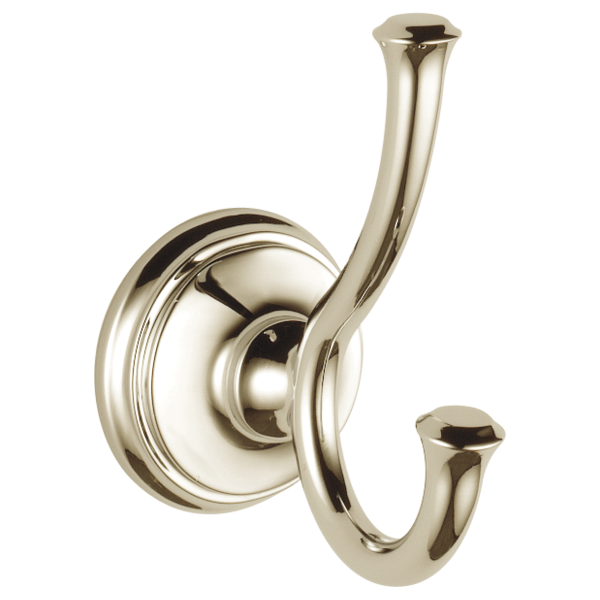 Polished brass double robe hook with curved arms and circular wall mounting plate.