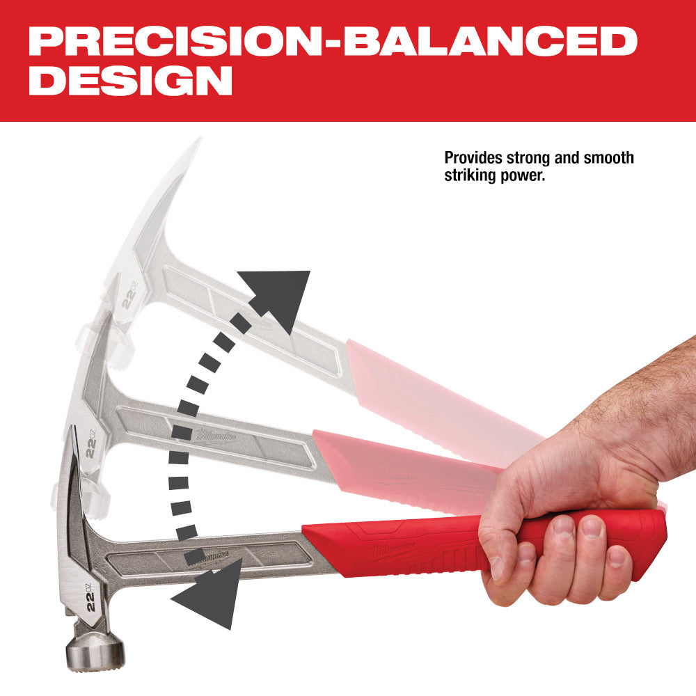 Milwaukee 22 oz framing hammer with milled face, red handle, held in hand showing hammer head detail.