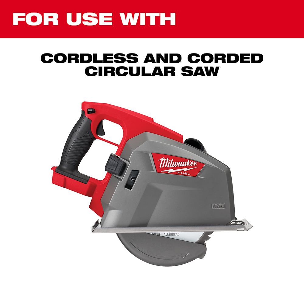 Milwaukee circular saw with red and gray body, black handle, and circular blade visible at bottom.