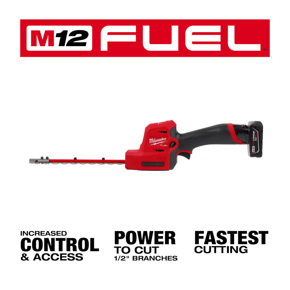 Milwaukee M12 FUEL cordless hedge trimmer with red and black housing and 8-inch blade.