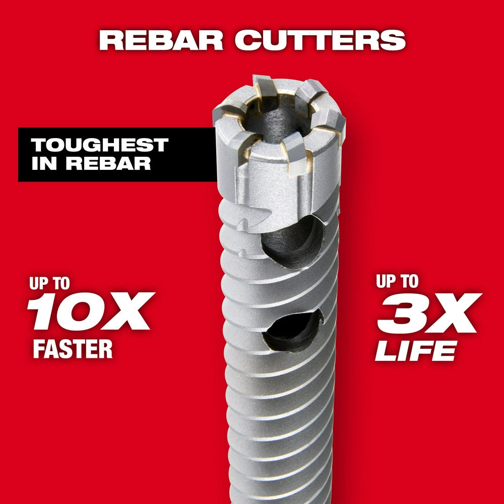 Milwaukee rebar cutter with straight shank, 3/8" diameter, 12" length, featuring serrated cutting surfaces on cylindrical bit