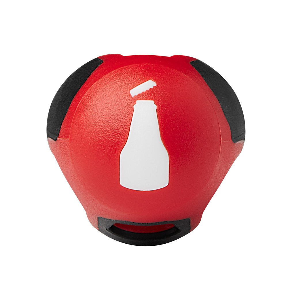 Red and black spherical bottle opener with bottle silhouette design on front.