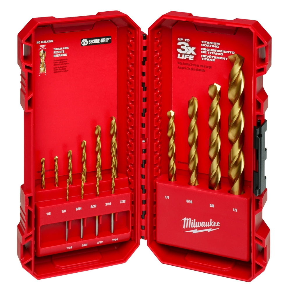 Red Milwaukee THUNDERBOLT case opened to display 14 titanium drill bits in varying sizes arranged in two columns.