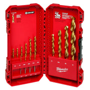 Red Milwaukee THUNDERBOLT case opened to display 14 titanium drill bits in varying sizes arranged in two columns.