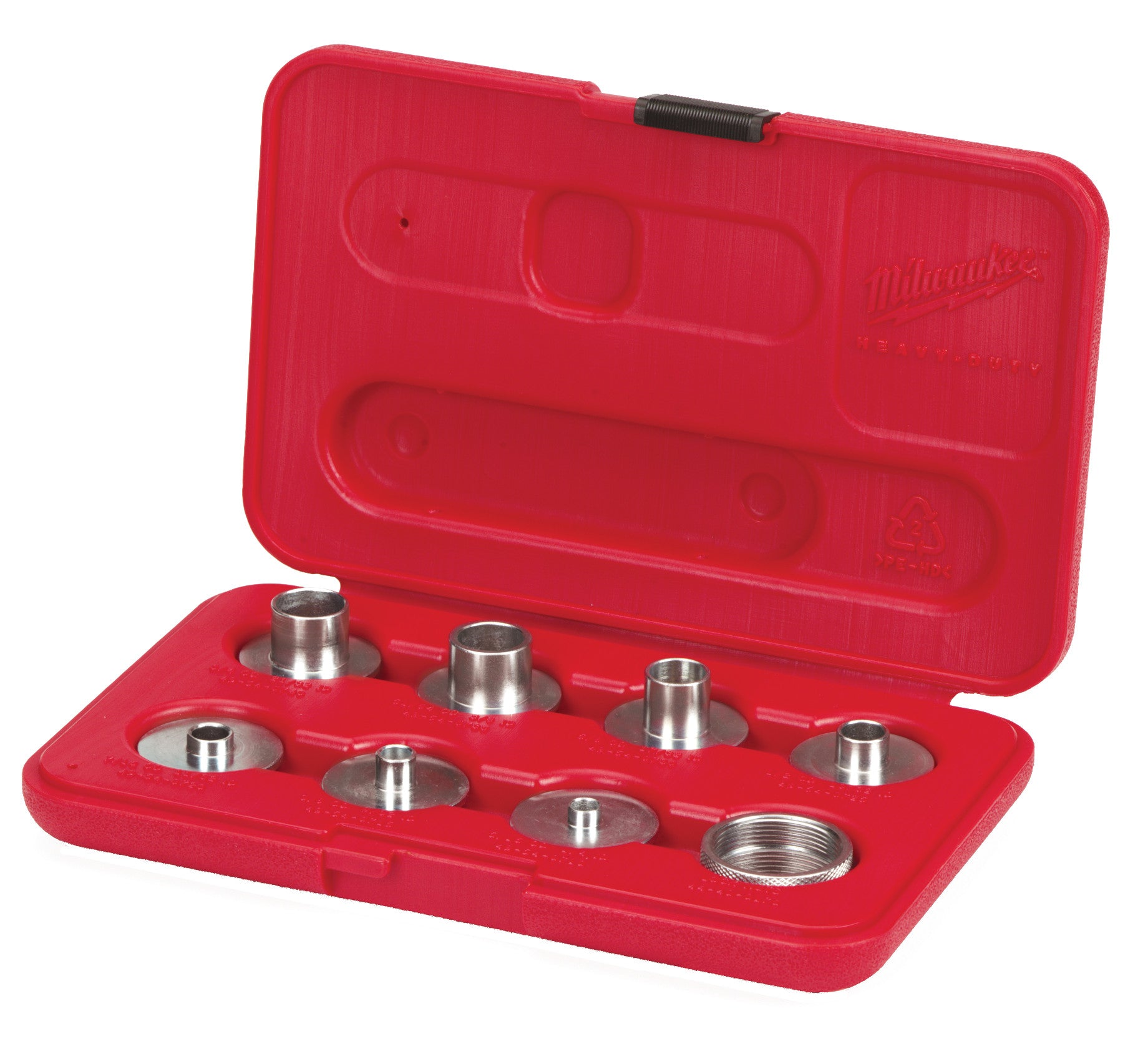 Red plastic Milwaukee case containing nine metal template guides of various sizes arranged in compartments.