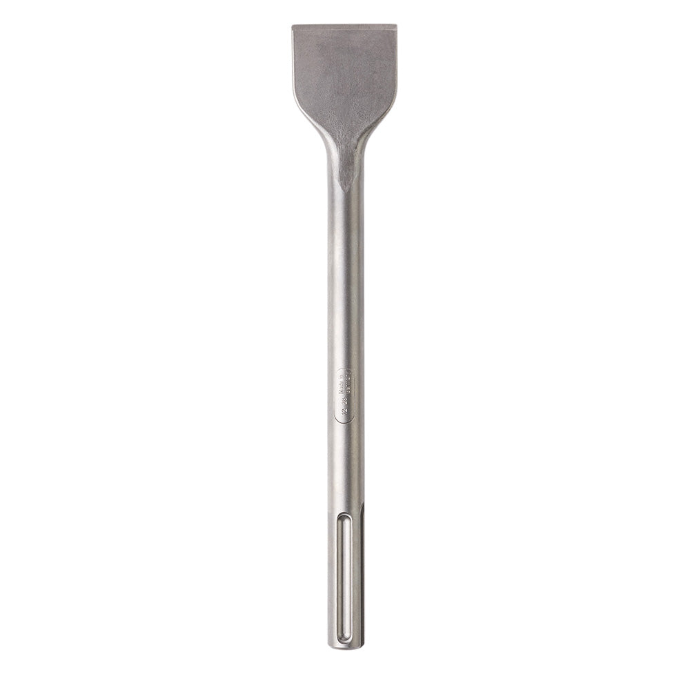 Gray metal SDS-Max scaling chisel with wide flat blade and cylindrical shaft.