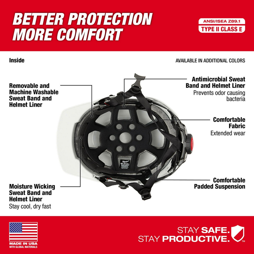 Gray front brim safety helmet with black interior suspension system and removable sweatband liner shown from inside view.