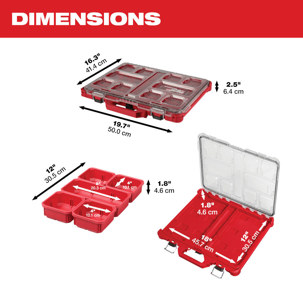 Red low-profile organizer with multiple compartments and removable bins, dimensions 19.7" x 16.3" x 2.5".