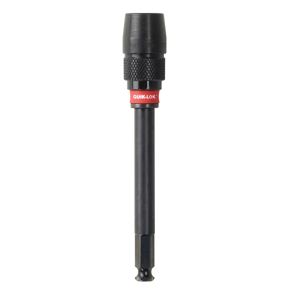 Black Milwaukee Quik-Lok holesaw extension with red band and textured grip collar, 7/16 inch shank.