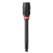 Black Milwaukee Quik-Lok holesaw extension with red band and textured grip collar, 7/16 inch shank.